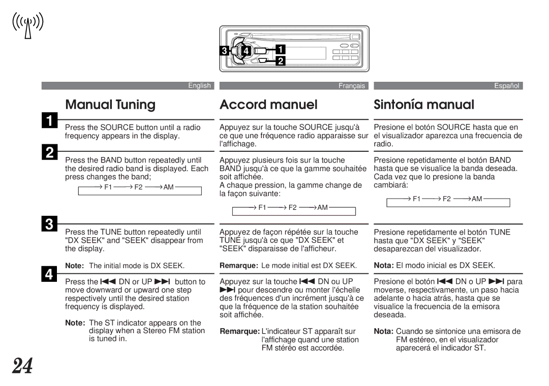 Alpine CDA-7839, CDA-7838 owner manual Manual Tuning, Accord manuel Sintonía manual 