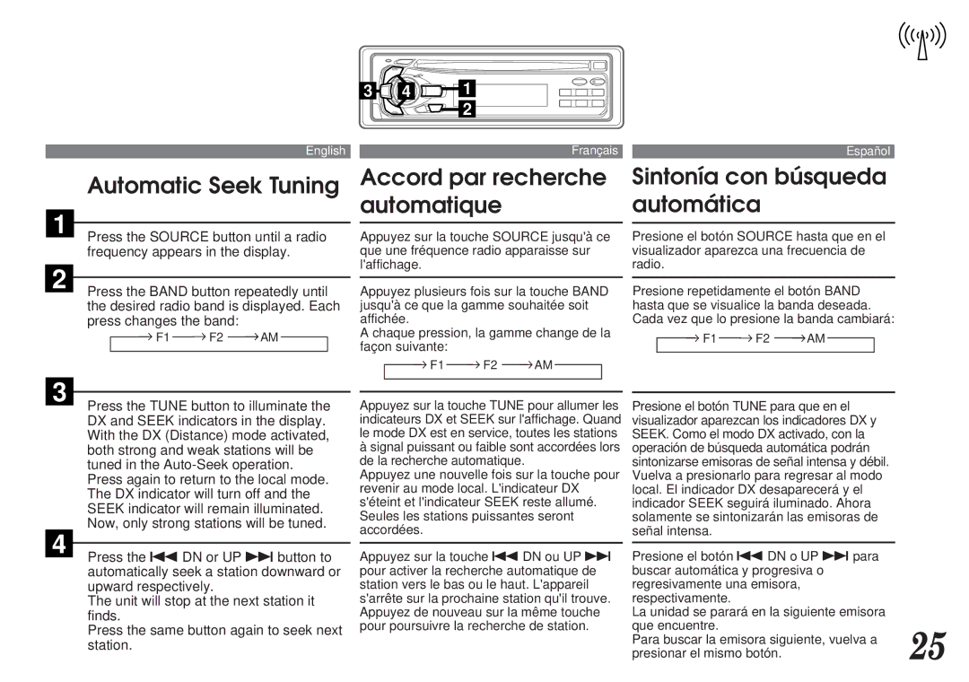 Alpine CDA-7838, CDA-7839 Automatic Seek Tuning, Accord par recherche automatique, Sintonía con búsqueda automática 