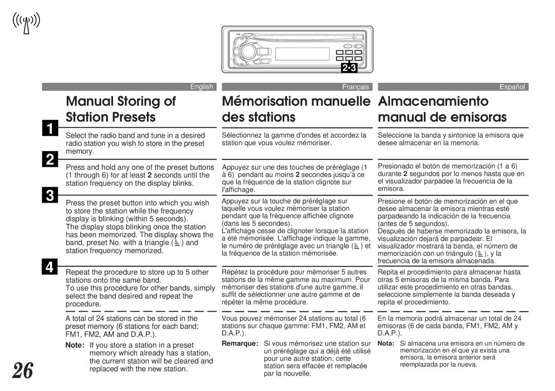 Alpine CDA-7839 Manual Storing Station Presets, Mémorisation manuelle des stations, Almacenamiento manual de emisoras 