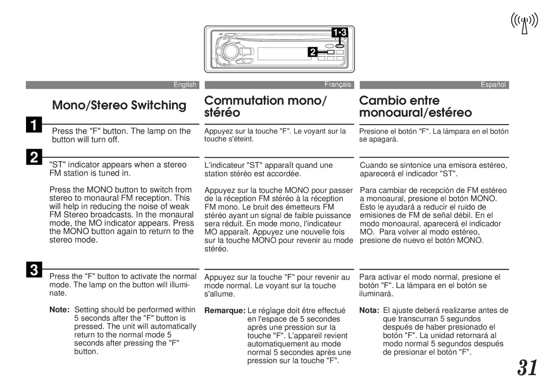 Alpine CDA-7838, CDA-7839 owner manual Mono/Stereo Switching, Commutation mono Cambio entre Stéréo Monoaural/estéreo 