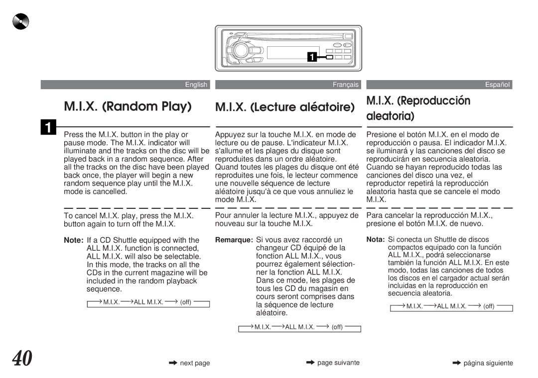 Alpine CDA-7839, CDA-7838 owner manual X. Random Play, X. Lecture aléatoire M.I.X. Reproducción aleatoria 
