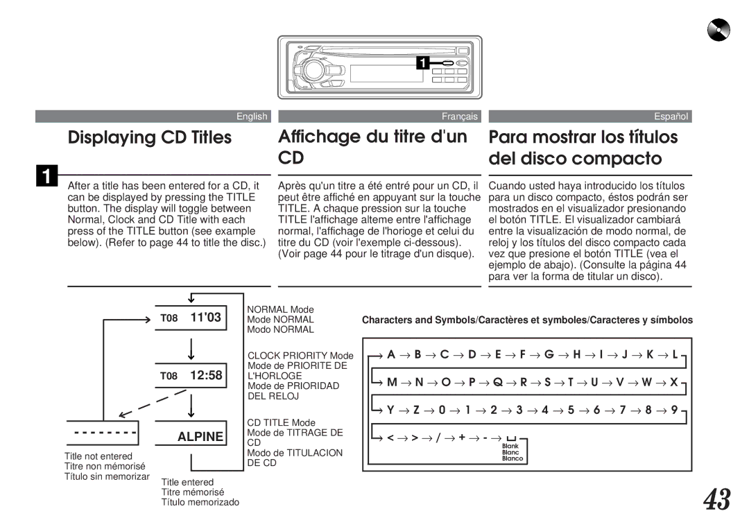 Alpine CDA-7838, CDA-7839 Displaying CD Titles, Affichage du titre dun, Para mostrar los títulos del disco compacto 