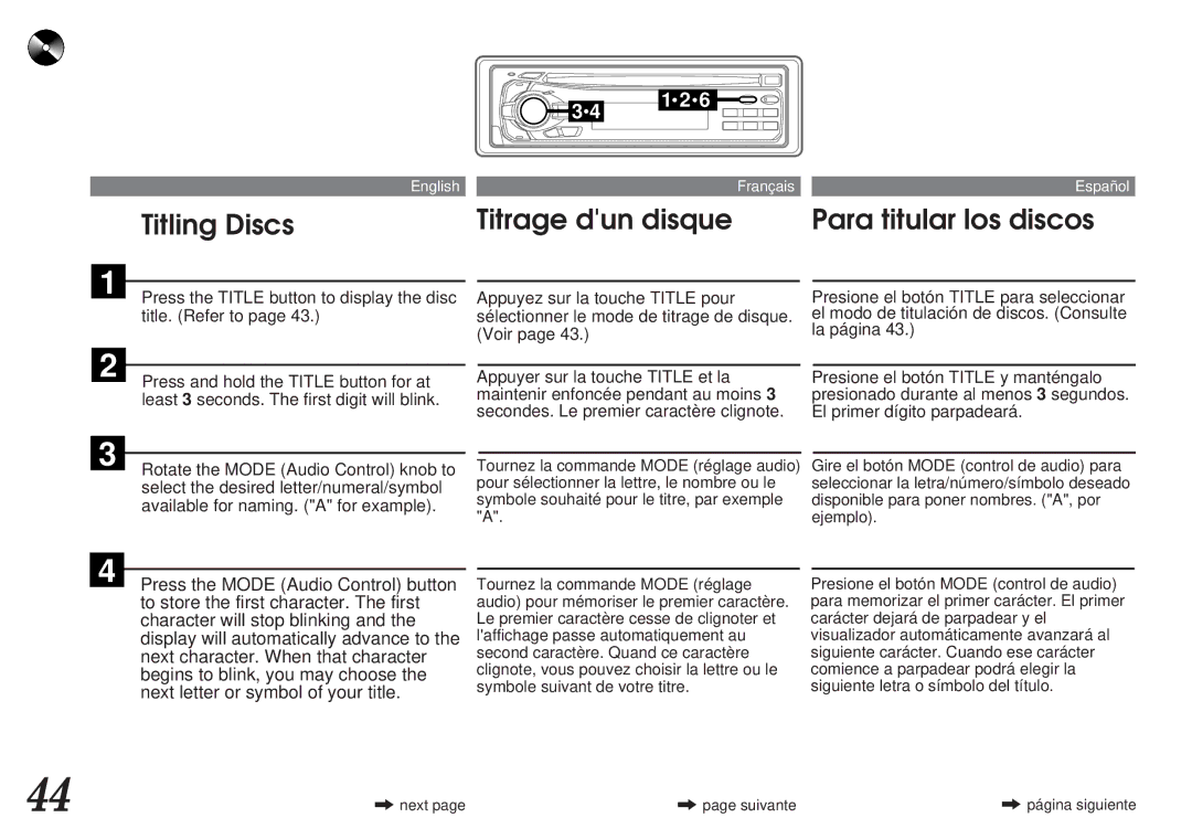 Alpine CDA-7839, CDA-7838 owner manual Titling Discs Titrage dun disque Para titular los discos 