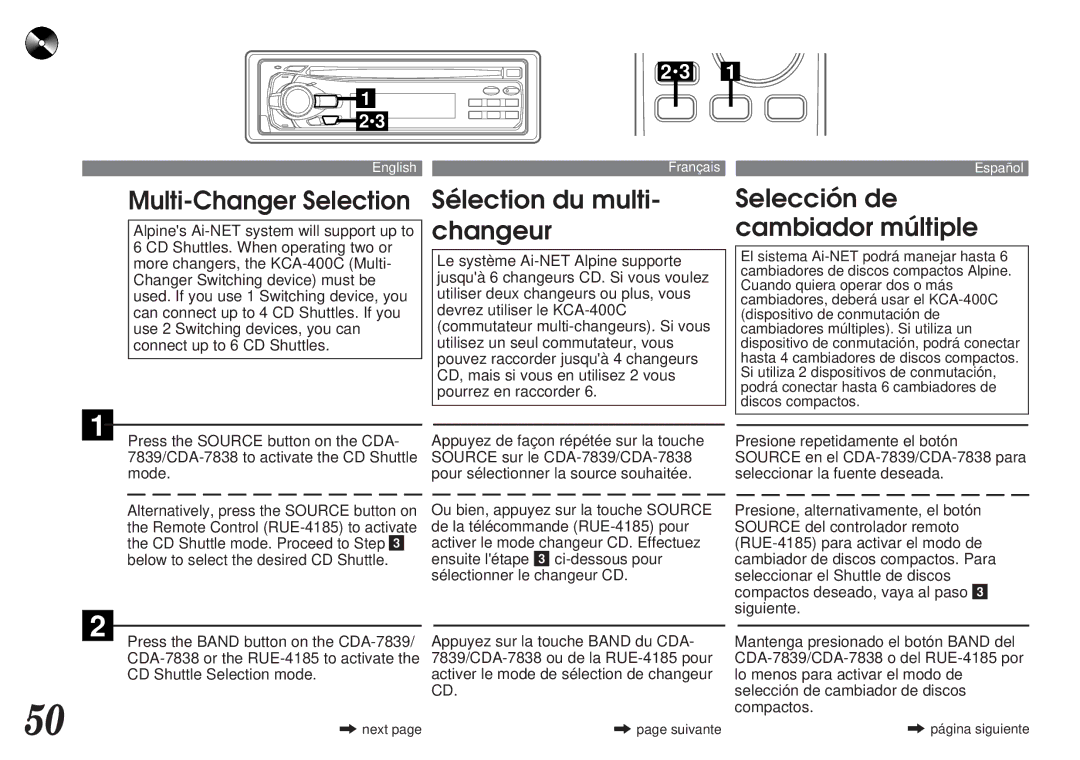 Alpine CDA-7839, CDA-7838 owner manual Sélection du multi Selección de Changeur Cambiador múltiple, Multi-Changer Selection 