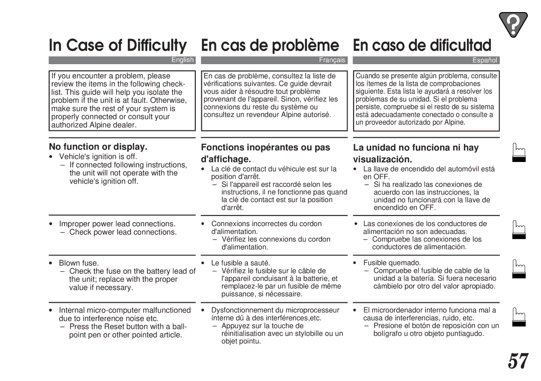 Alpine CDA-7838, CDA-7839 owner manual Case of Difficulty 