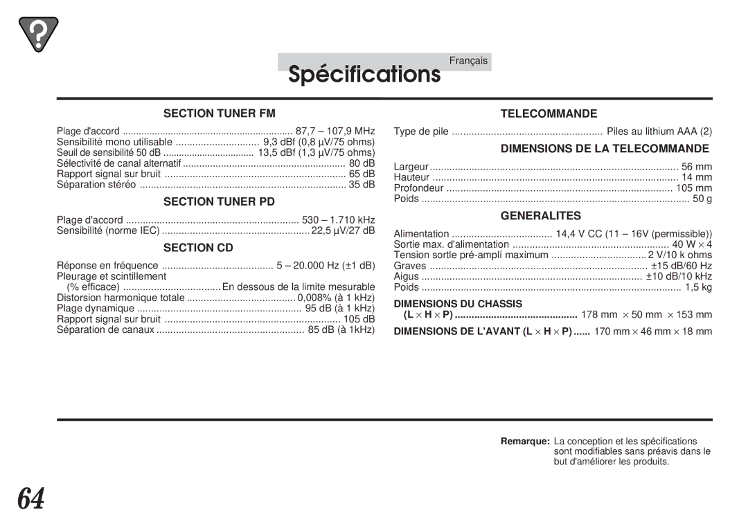 Alpine CDA-7839, CDA-7838 owner manual Spécifications, Section Tuner FM 