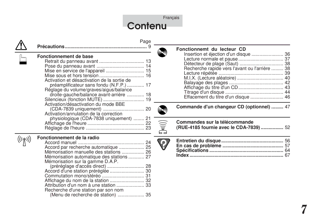 Alpine CDA-7838, CDA-7839 owner manual Contenu, Précautions Fonctionnement de base 