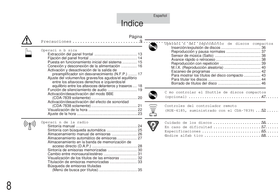 Alpine CDA-7839, CDA-7838 owner manual Indice, Precauciones 