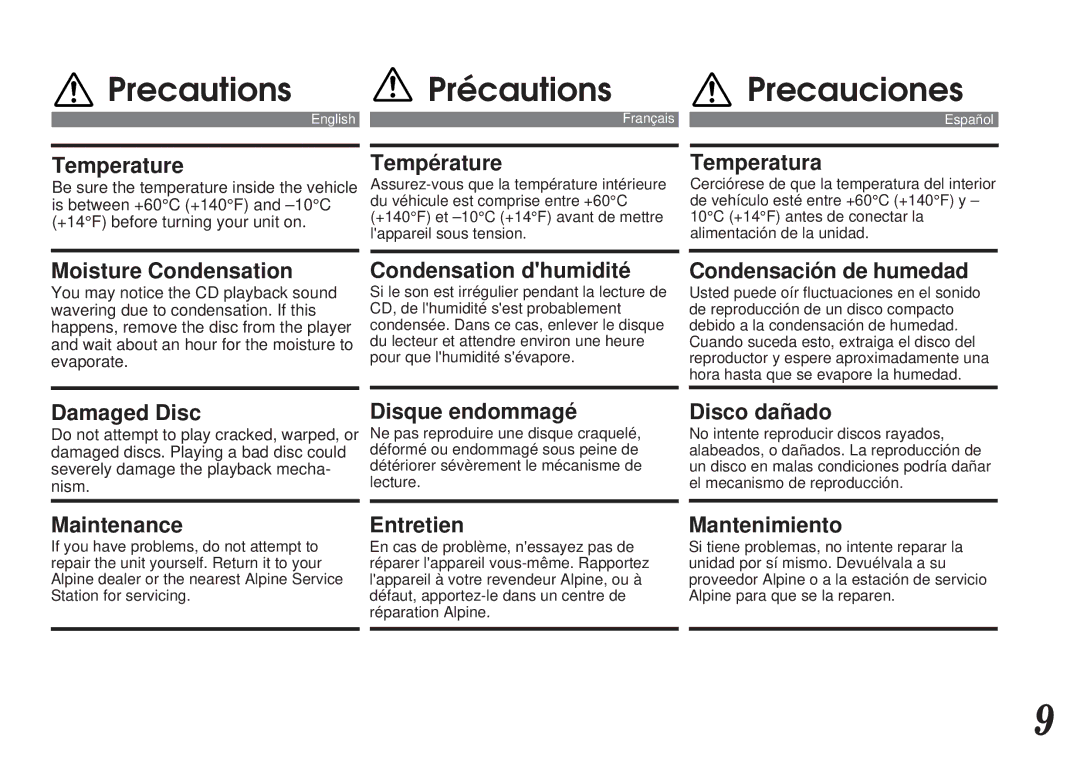 Alpine CDA-7838, CDA-7839 owner manual Precautions, Précautions, Precauciones 