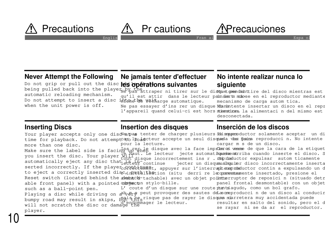 Alpine cda-7840 owner manual Precautions Précautions Precauciones 