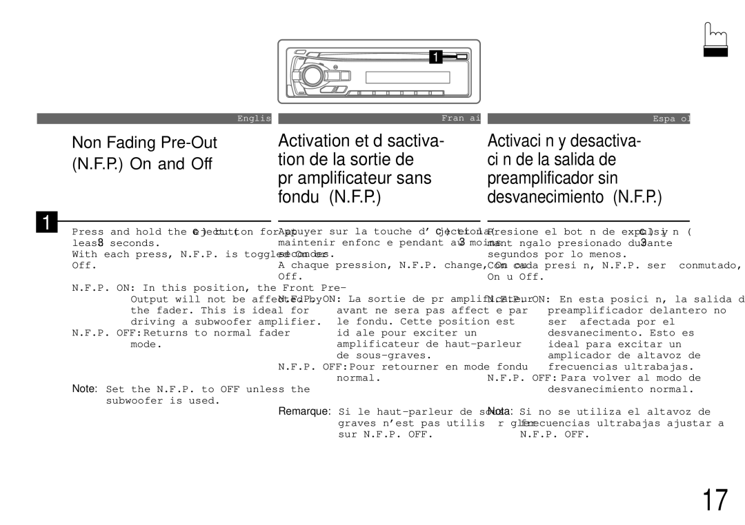 Alpine cda-7840 owner manual Non Fading Pre-Out N.F.P. On and Off 