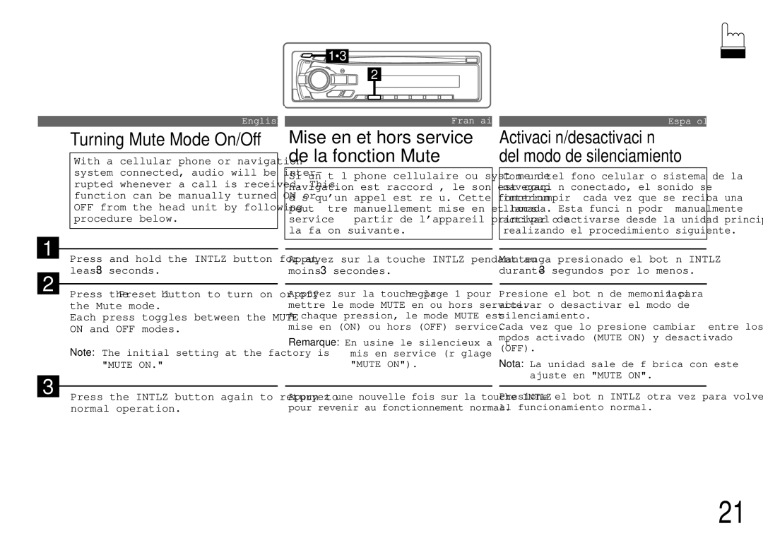 Alpine cda-7840 owner manual Mise en et hors service de la fonction Mute, Turning Mute Mode On/Off 