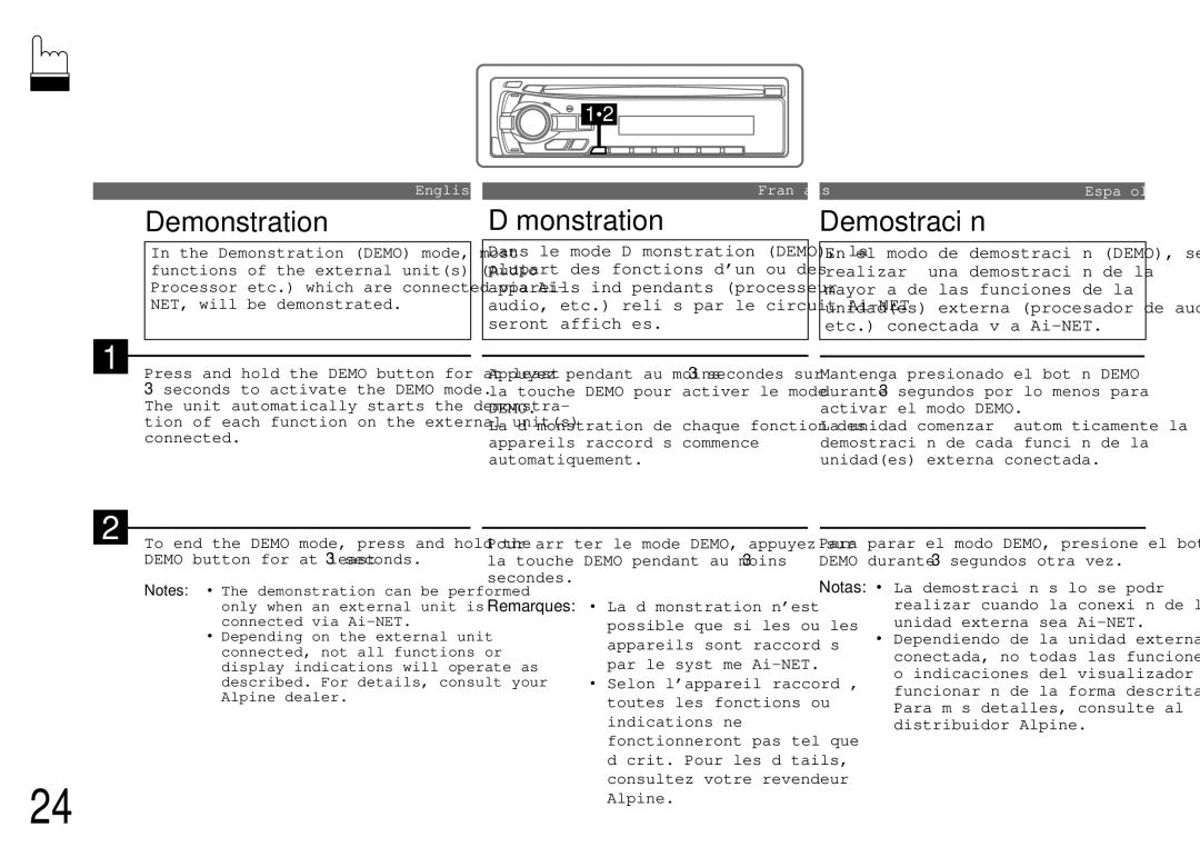 Alpine cda-7840 owner manual Demonstration, Démonstration Demostración 