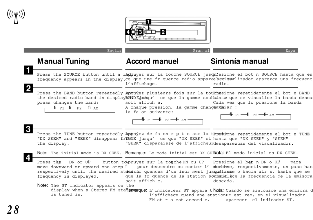 Alpine cda-7840 owner manual Manual Tuning, Accord manuel Sintonía manual 