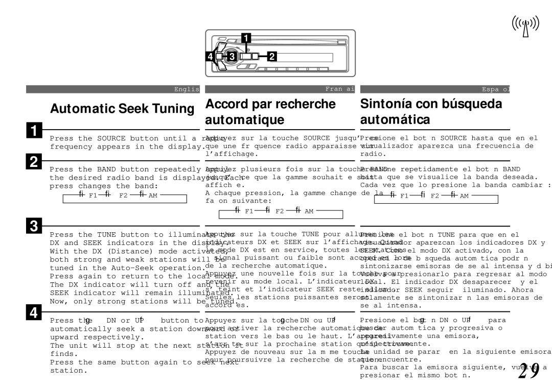 Alpine cda-7840 owner manual Automatic Seek Tuning, Accord par recherche automatique, Sintonía con búsqueda automática 