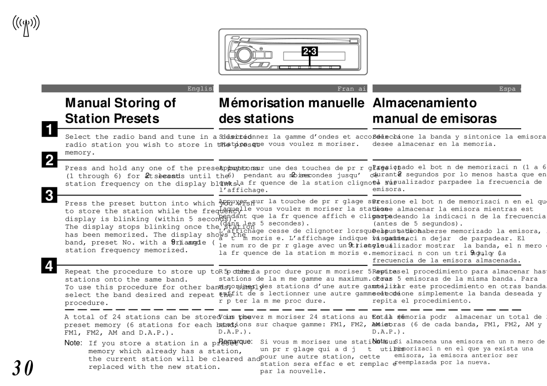 Alpine cda-7840 Manual Storing Station Presets, Mémorisation manuelle des stations, Almacenamiento manual de emisoras 