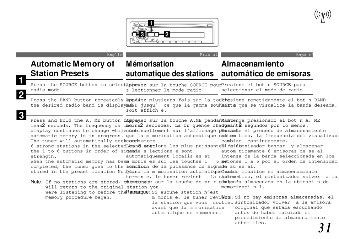 Alpine cda-7840 owner manual Automatic Memory of Station Presets, Mémorisation automatique des stations 