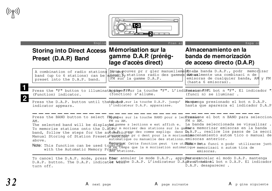 Alpine cda-7840 Storing into Direct Access Preset D.A.P. Band, Mémorisation sur la gamme D.A.P. prérég- lage daccès direct 