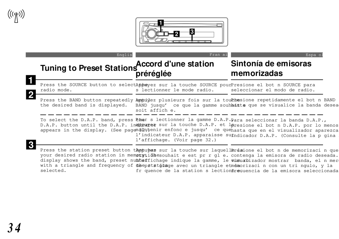 Alpine cda-7840 owner manual Tuning to Preset Stations, Accord dune station préréglée, Sintonía de emisoras memorizadas 