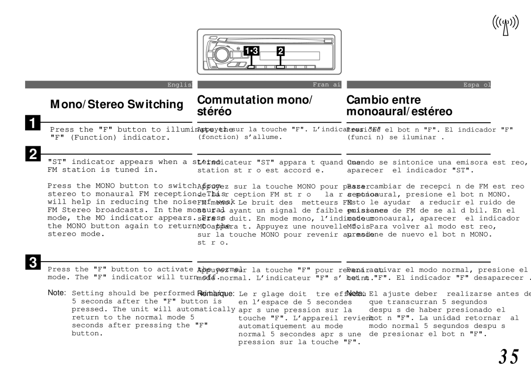 Alpine cda-7840 owner manual Mono/Stereo Switching, Commutation mono Cambio entre Stéréo Monoaural/estéreo 