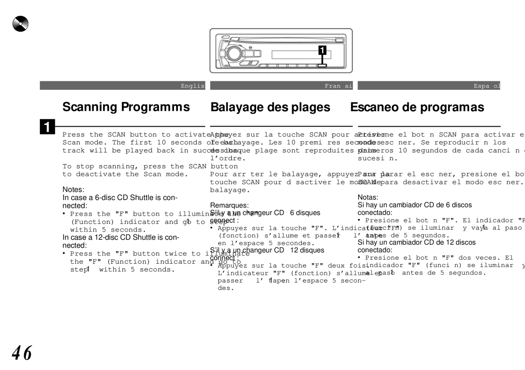 Alpine cda-7840 owner manual Scanning Programms, Balayage des plages, Escaneo de programas 