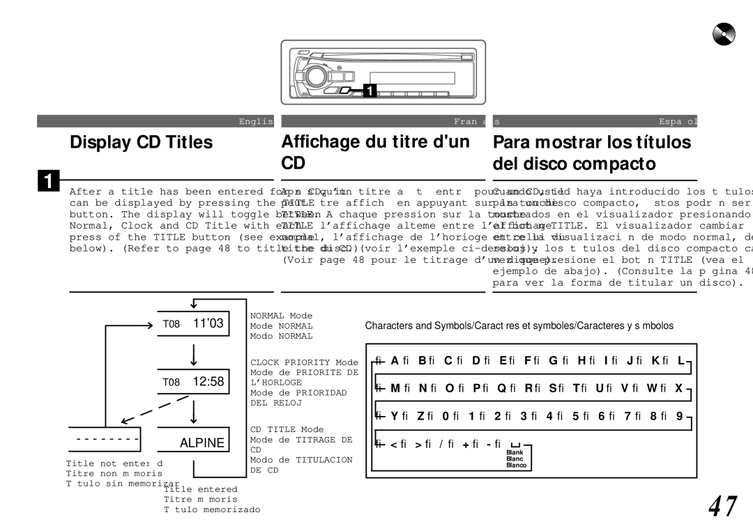 Alpine cda-7840 owner manual Display CD Titles, Affichage du titre dun, Para mostrar los títulos del disco compacto 