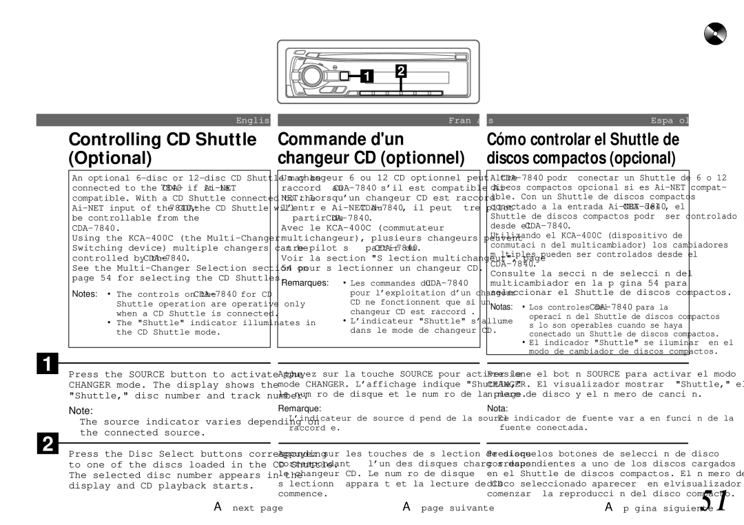 Alpine cda-7840 owner manual Controlling CD Shuttle Optional, Commande dun changeur CD optionnel 
