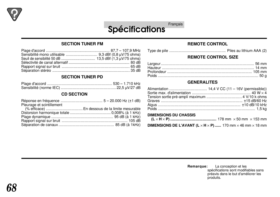 Alpine cda-7840 owner manual Spécifications, Section Tuner FM 