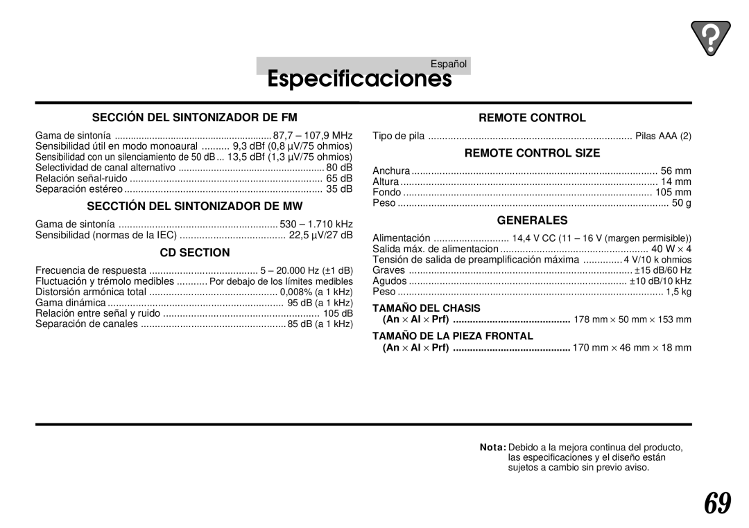 Alpine cda-7840 owner manual Especificaciones, Sección DEL Sintonizador DE FM 