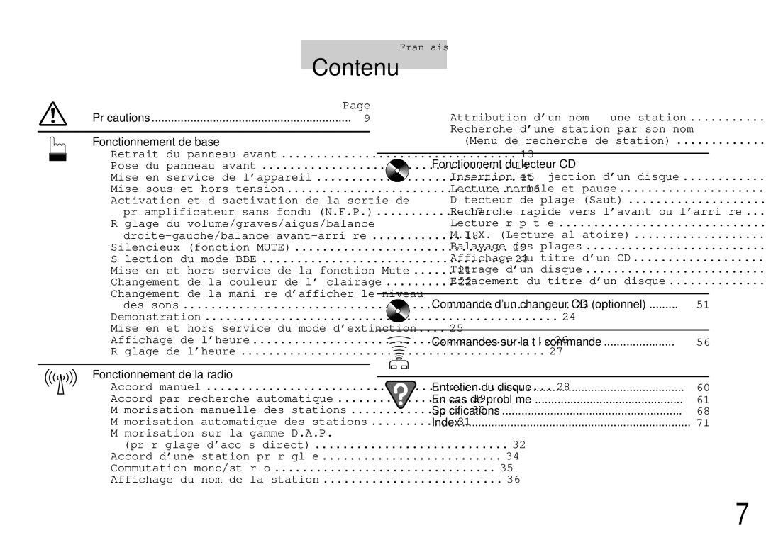 Alpine cda-7840 owner manual Contenu, Précautions Fonctionnement de base 