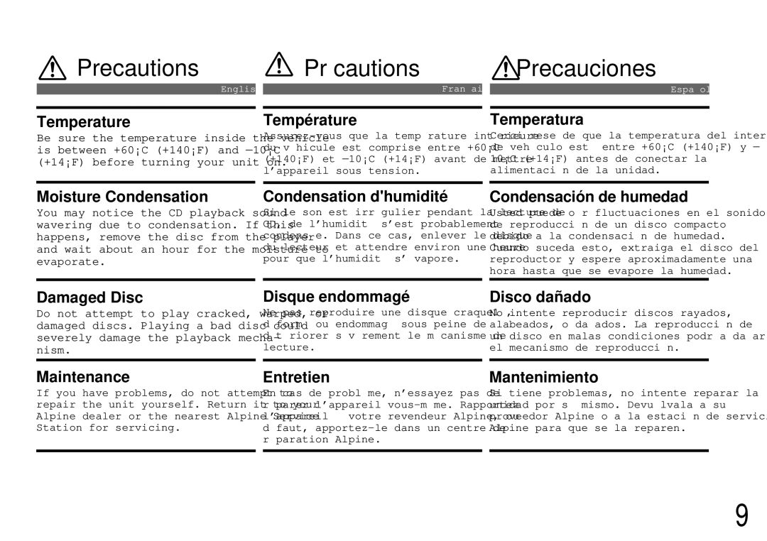 Alpine cda-7840 owner manual Precautions, Précautions, Precauciones 