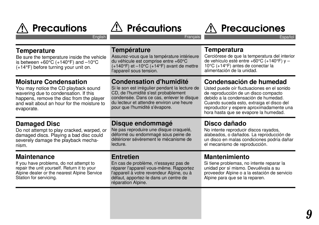 Alpine CDA-7842, CDA-7940 owner manual Precautions Précautions Precauciones 