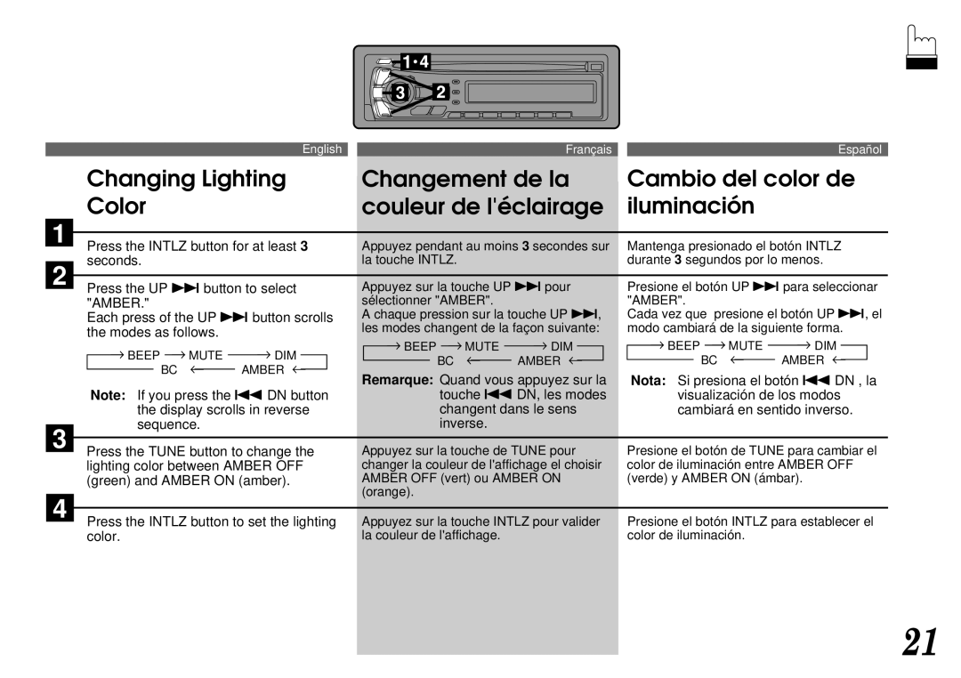 Alpine CDA-7842, CDA-7940 owner manual Press the Intlz button for at least, Sélectionner Amber 