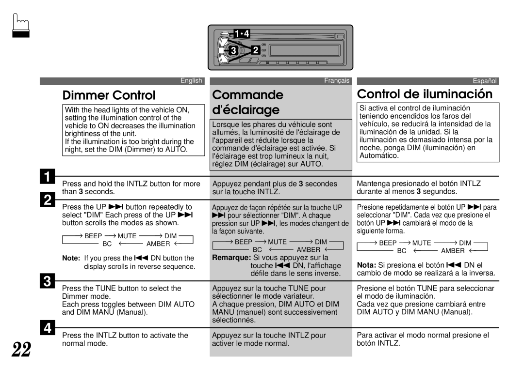 Alpine CDA-7940, CDA-7842 owner manual Dimmer Control Commande Control de iluminación, Déclairage 