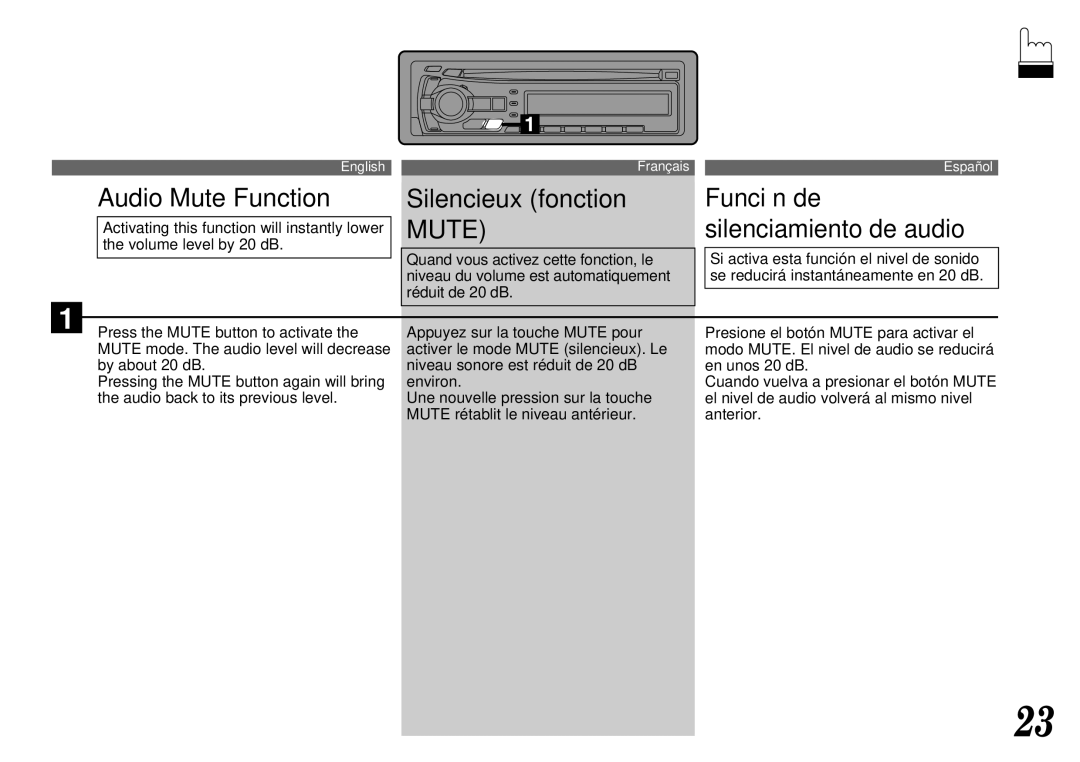 Alpine CDA-7842, CDA-7940 Audio Mute Function Silencieux fonction, Activating this function will instantly lower 