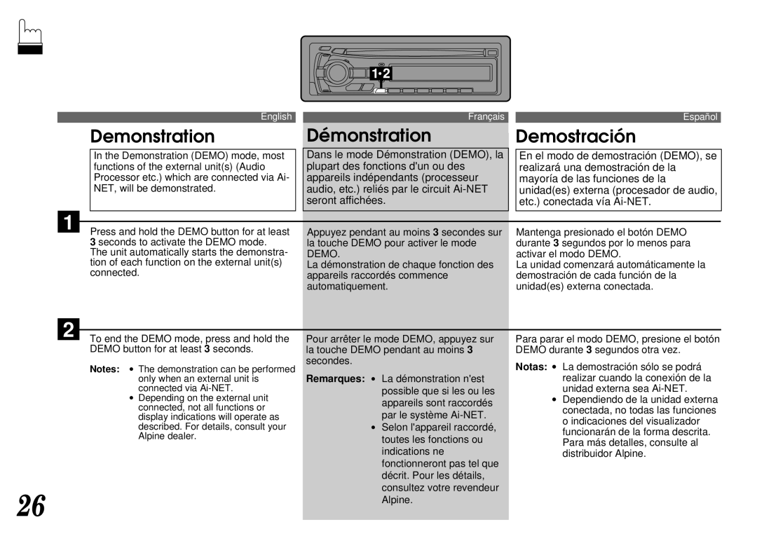 Alpine CDA-7940, CDA-7842 owner manual Demonstration Démonstration Demostración, Notas ∙, Remarques ∙ 