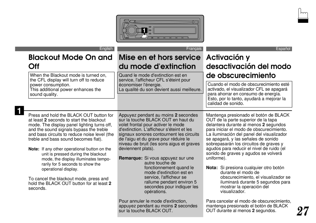 Alpine CDA-7842, CDA-7940 owner manual Blackout Mode On Mise en et hors service, Off Du mode dextinction 