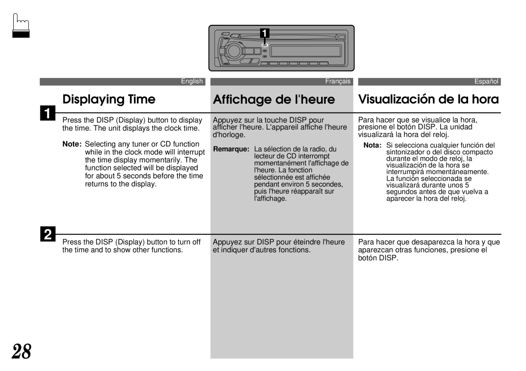 Alpine CDA-7940, CDA-7842 owner manual Displaying Time Affichage de lheure Visualización de la hora 