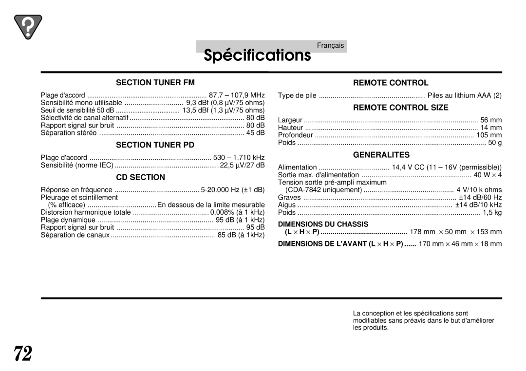 Alpine CDA-7940, CDA-7842 owner manual Spécifications, × H × P 