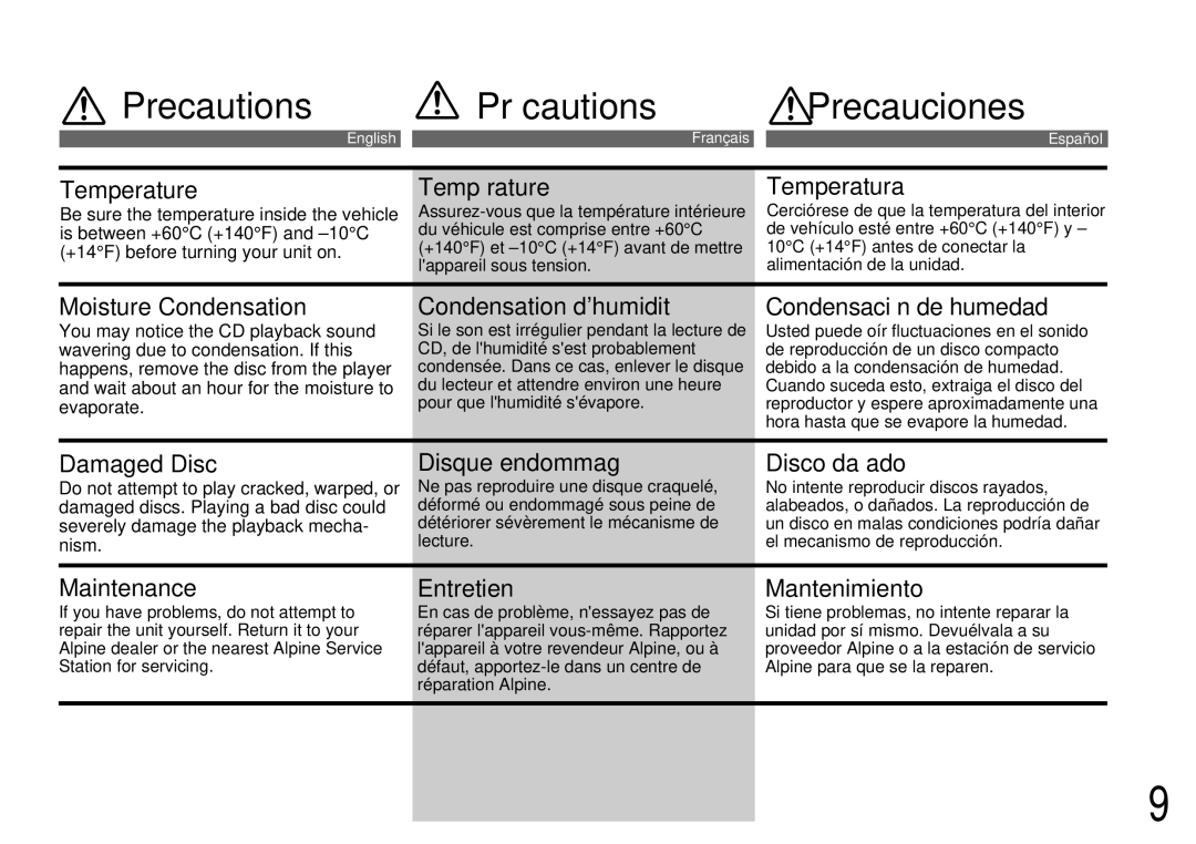 Alpine CDA-7842R, CDA-7944R owner manual Precautions Précautions Precauciones 