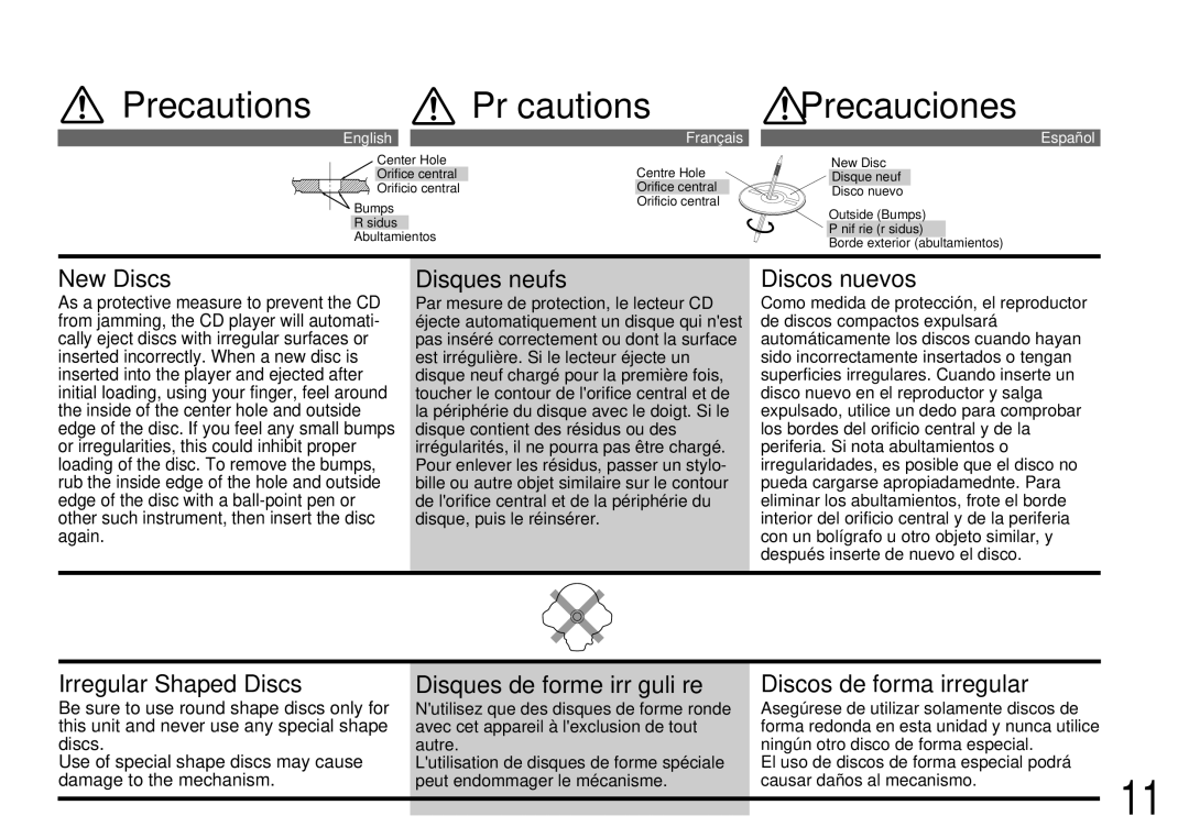 Alpine CDA-7842R, CDA-7944R owner manual Precautions Précautions Precauciones 