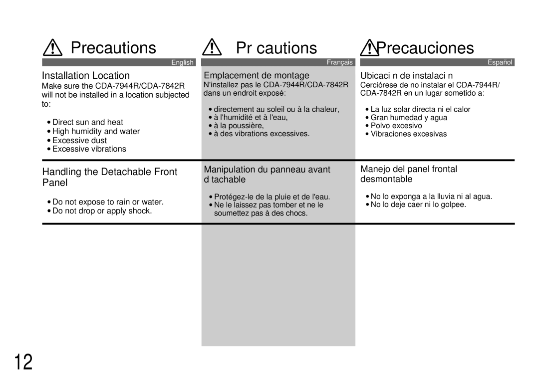 Alpine CDA-7944R, CDA-7842R owner manual Precautions Précautions Precauciones, Installation Location 