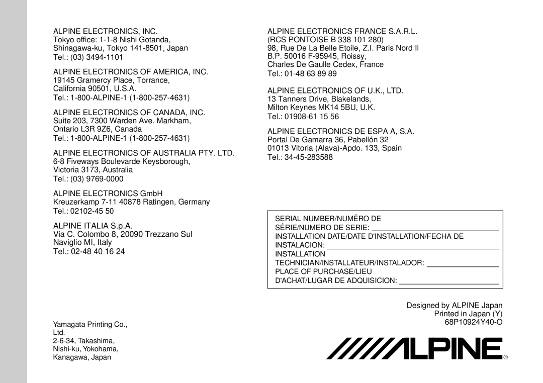 Alpine CDA-7842R, CDA-7944R owner manual Alpine Electronics of CANADA, INC, 68P10924Y40-O 