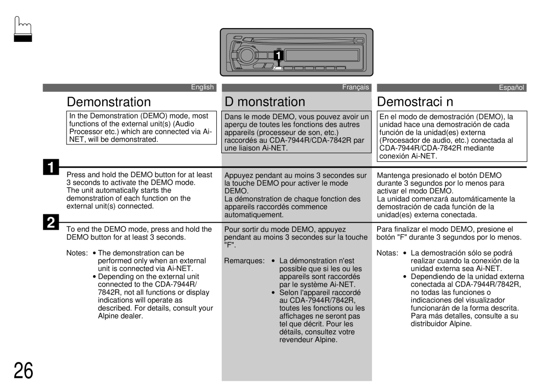 Alpine CDA-7944R, CDA-7842R Demonstration Démonstration Demostración, Activar el modo Demo, La demostración sólo se podrá 