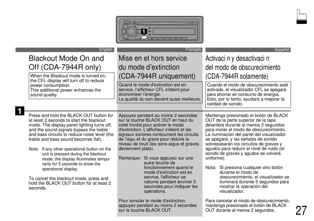 Alpine CDA-7842R owner manual Blackout Mode On, Off CDA-7944R only 