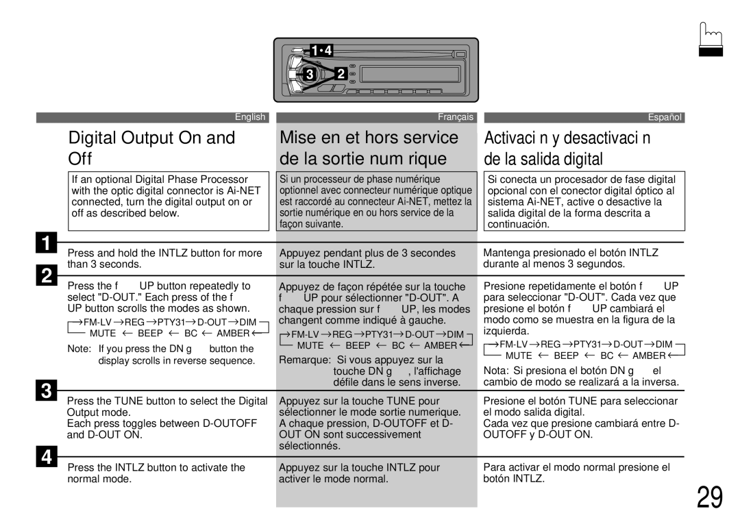 Alpine CDA-7842R, CDA-7944R owner manual Digital Output On Mise en et hors service, Off De la sortie numérique 