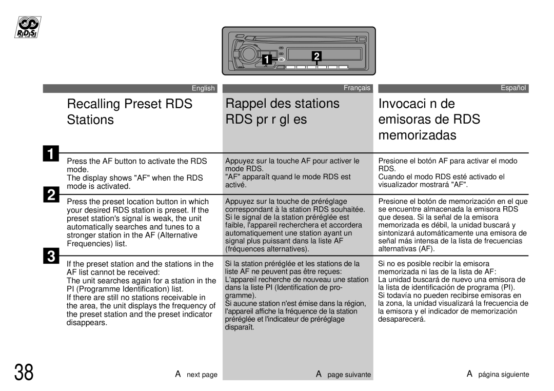 Alpine CDA-7944R, CDA-7842R owner manual Recalling Preset RDS Stations, Rappel des stations RDS préréglées, Rds 