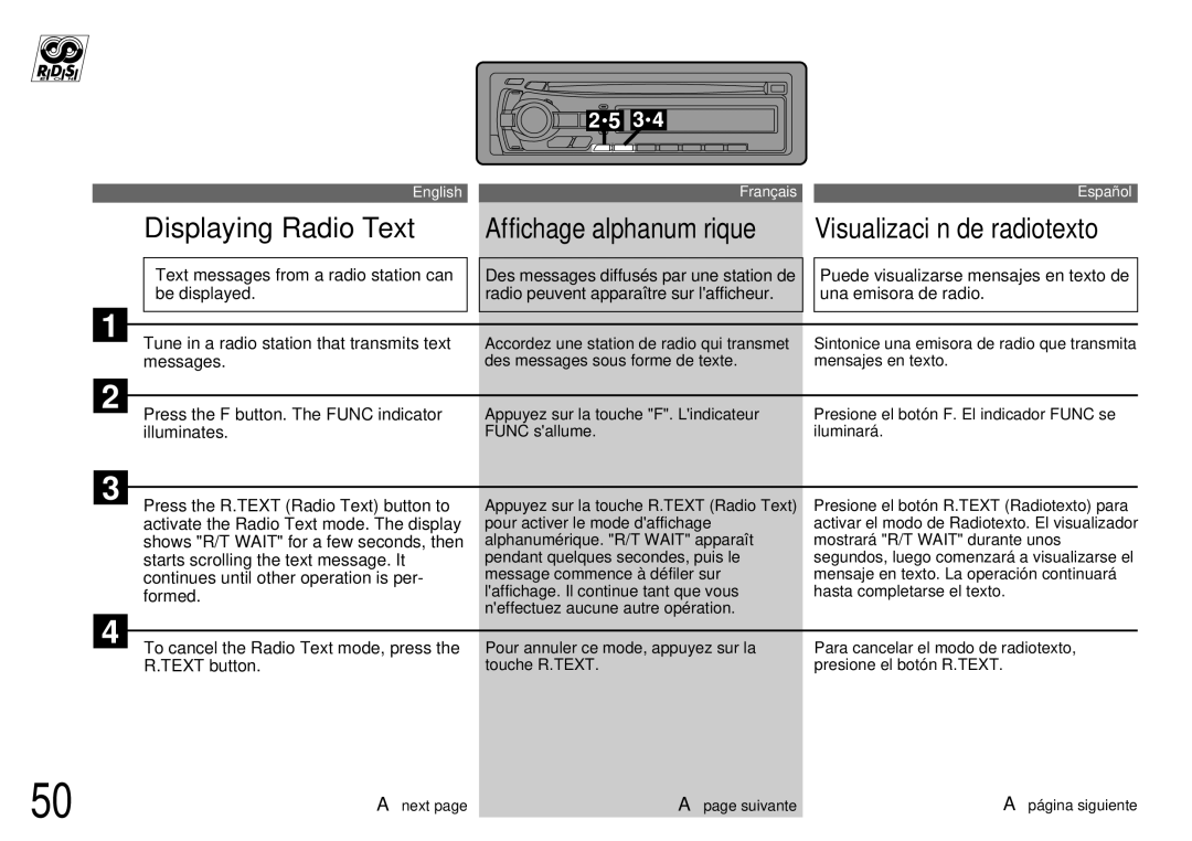 Alpine CDA-7944R, CDA-7842R owner manual Displaying Radio Text, Affichage alphanumérique Visualización de radiotexto 