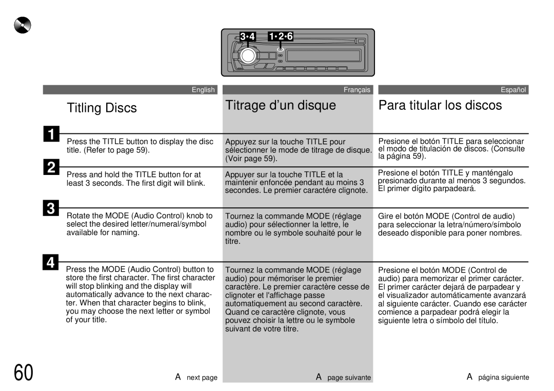 Alpine CDA-7944R, CDA-7842R owner manual Titling Discs Titrage dun disque Para titular los discos 