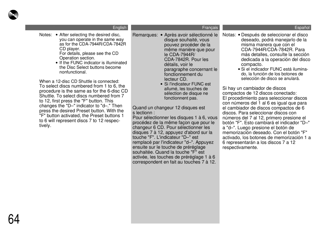 Alpine CDA-7944R, CDA-7842R owner manual When a 12-disc CD Shuttle is connected 